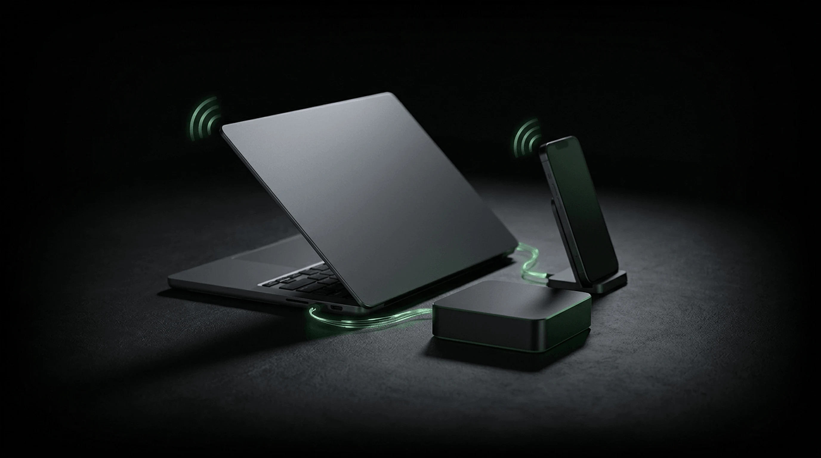 An open laptop and an upright phone connected wirelessly to a Hive on-premises AI appliance, shown as green signal arcs on a deep black background